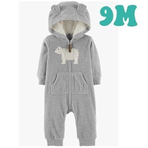 Carters Long Sleeve Hooded Fleece Polar Bear Jumpsuit Bodysuit Grey Infant 9M